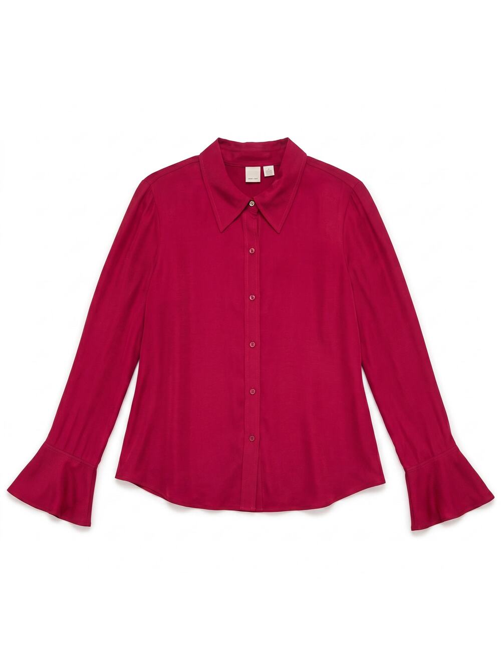 100% Silk Cherry Red Caslon Button-Down Blouse | Flared Bell Cuffs